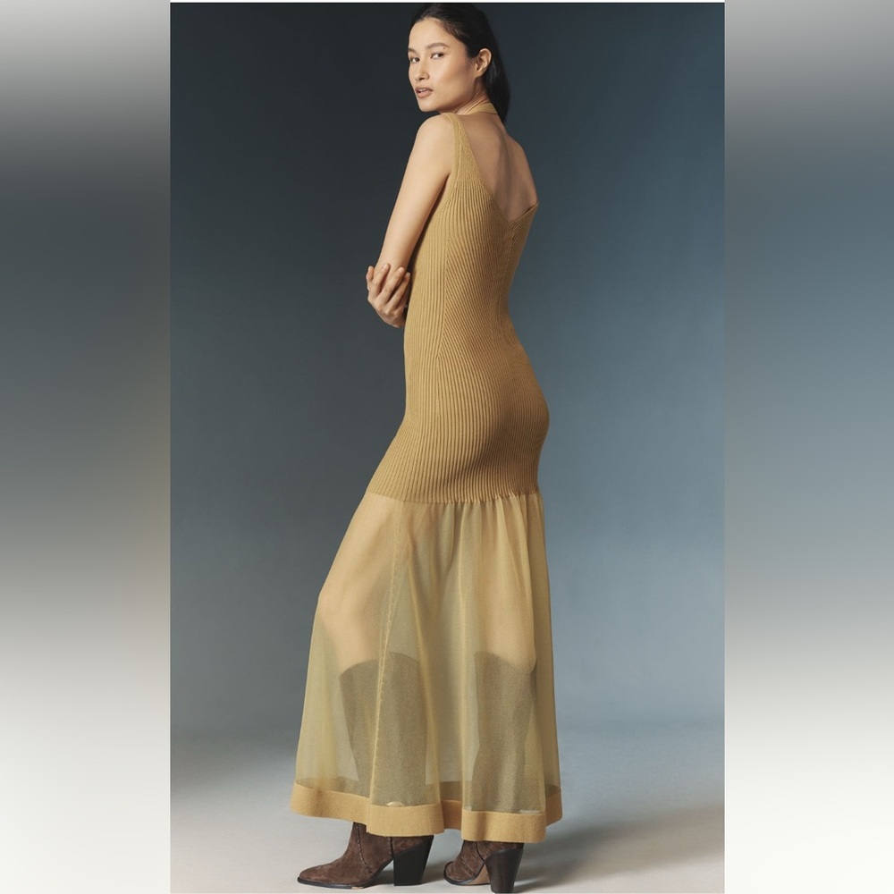 Anthropologie Glam Sheer Panel Ribbed Maxi Sweater Gold Dress NWT M Formal - Picture 4 of 10